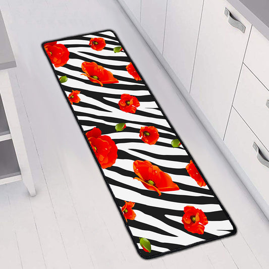 Black White Zebra Flower Pattern Print Long Kitchen Mat