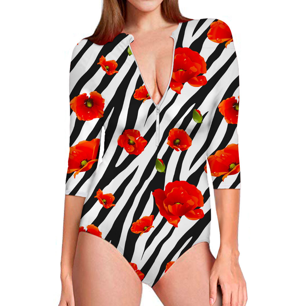Black White Zebra Flower Pattern Print Long Sleeve Swimsuit