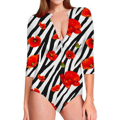 Black White Zebra Flower Pattern Print Long Sleeve Swimsuit
