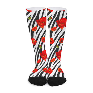 Black White Zebra Flower Pattern Print Long Socks