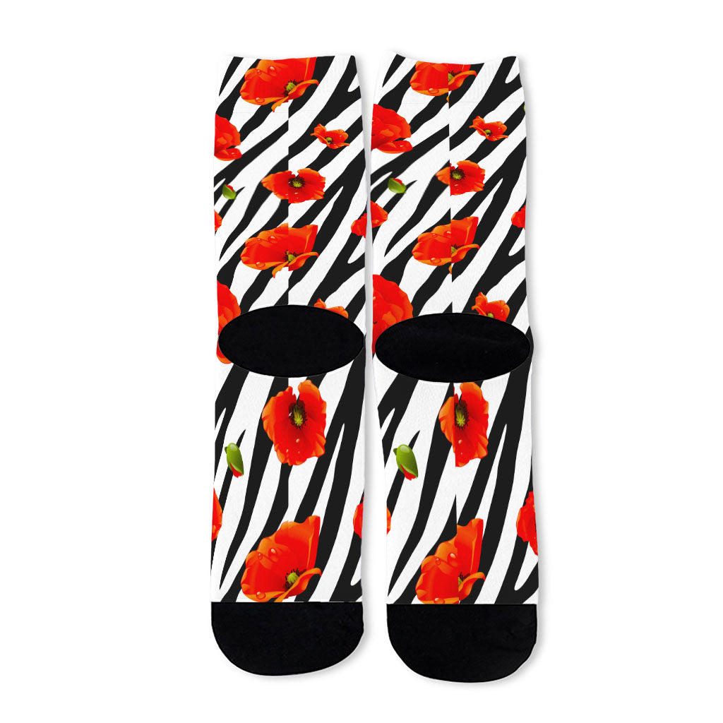 Black White Zebra Flower Pattern Print Long Socks