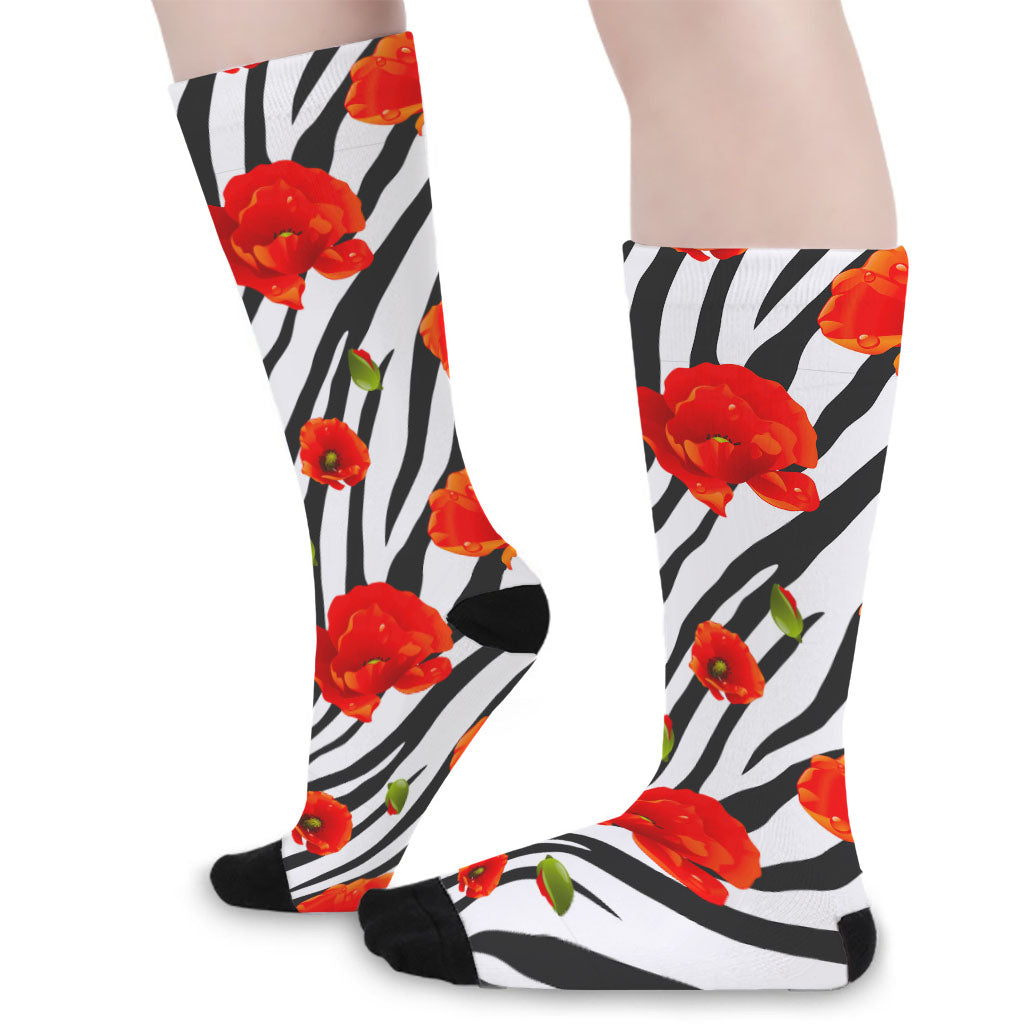 Black White Zebra Flower Pattern Print Long Socks