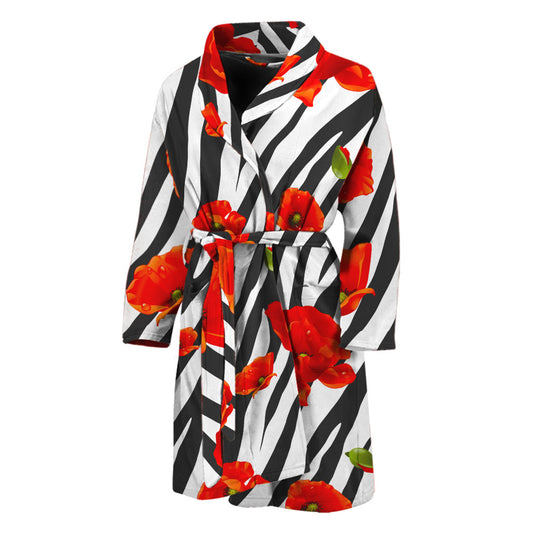 Black White Zebra Flower Pattern Print Men's Bathrobe