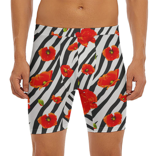 Black White Zebra Flower Pattern Print Men's Long Boxer Briefs