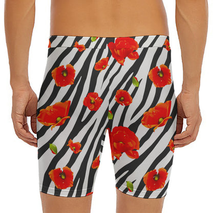 Black White Zebra Flower Pattern Print Men's Long Boxer Briefs