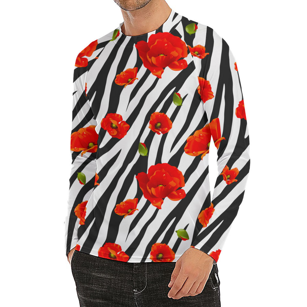 Black White Zebra Flower Pattern Print Men's Long Sleeve Rash Guard