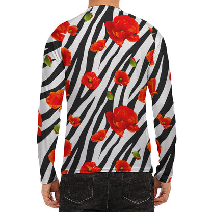 Black White Zebra Flower Pattern Print Men's Long Sleeve Rash Guard