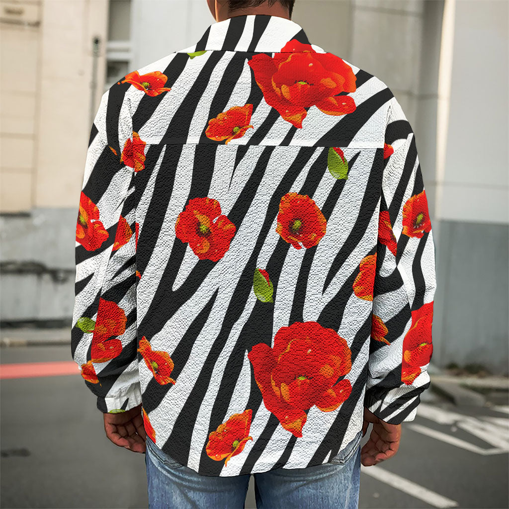 Black White Zebra Flower Pattern Print Men's Shirt Jacket