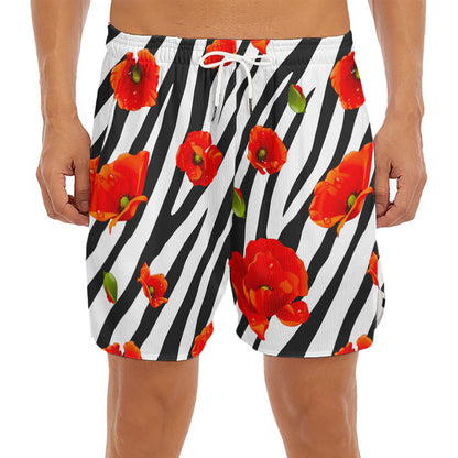Black White Zebra Flower Pattern Print Men's Split Running Shorts