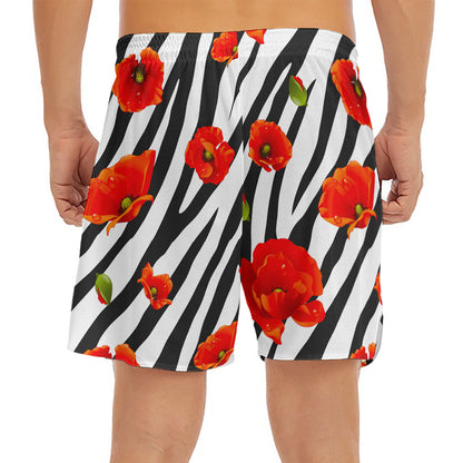 Black White Zebra Flower Pattern Print Men's Split Running Shorts