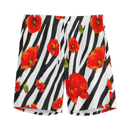 Black White Zebra Flower Pattern Print Men's Sports Shorts