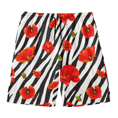 Black White Zebra Flower Pattern Print Men's Swim Trunks