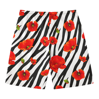 Black White Zebra Flower Pattern Print Men's Swim Trunks