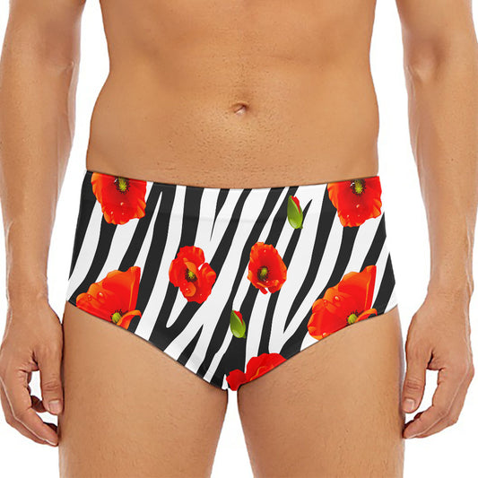 Black White Zebra Flower Pattern Print Men's Triangle Swim Briefs
