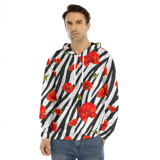 Black White Zebra Flower Pattern Print Men's Velvet Pullover Hoodie