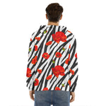 Black White Zebra Flower Pattern Print Men's Velvet Pullover Hoodie