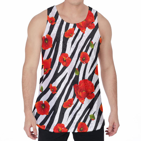 Black White Zebra Flower Pattern Print Men's Velvet Tank Top