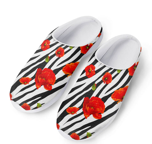 Black White Zebra Flower Pattern Print Mesh Casual Shoes
