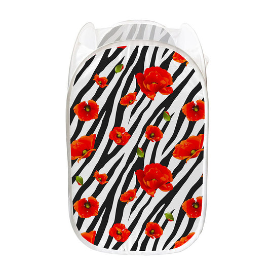 Black White Zebra Flower Pattern Print Mesh Laundry Hamper