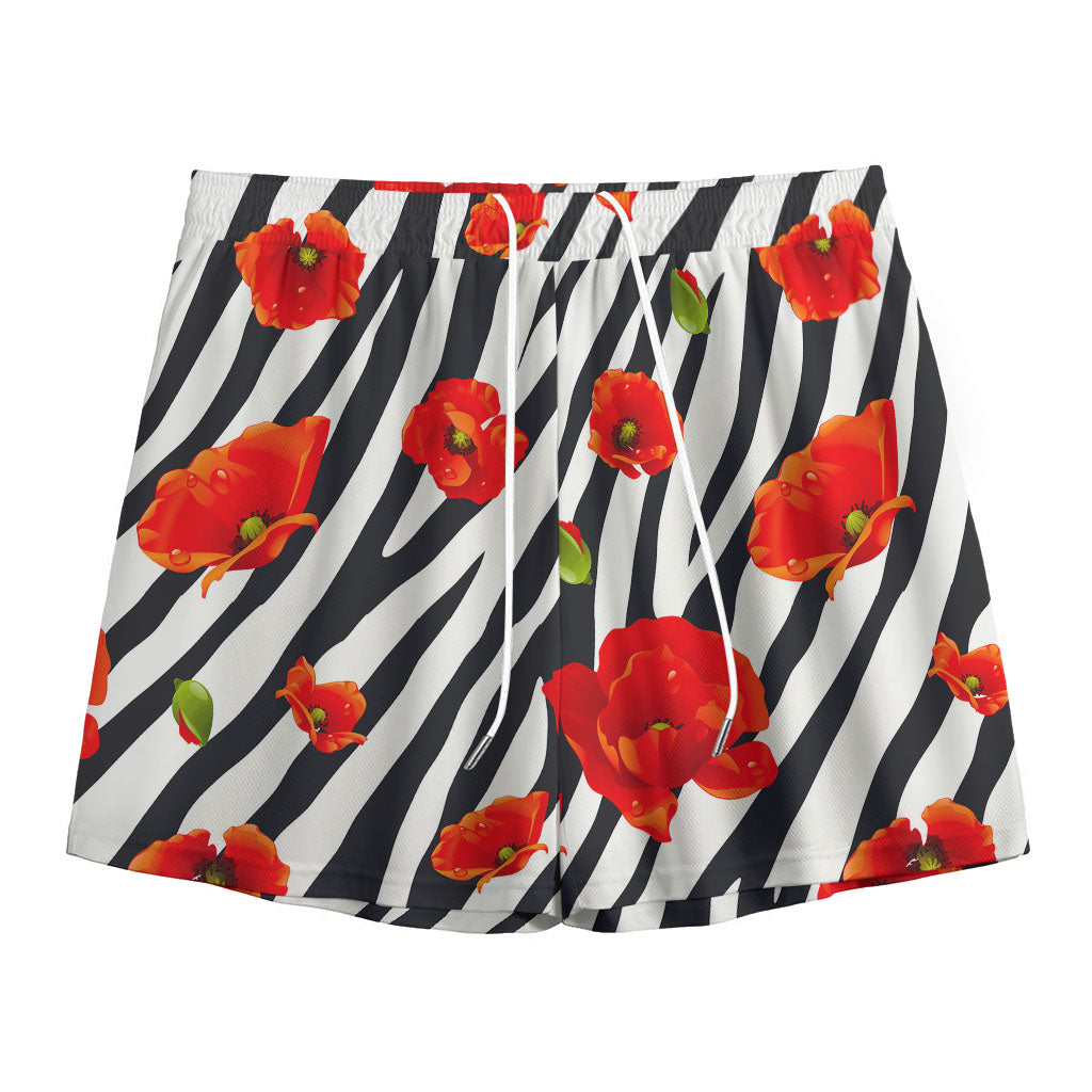 Black White Zebra Flower Pattern Print Mesh Shorts