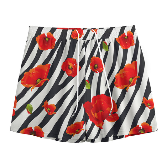 Black White Zebra Flower Pattern Print Mesh Shorts