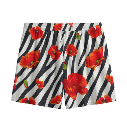 Black White Zebra Flower Pattern Print Mesh Shorts