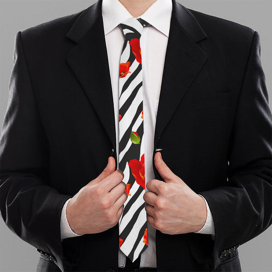 Black White Zebra Flower Pattern Print Necktie