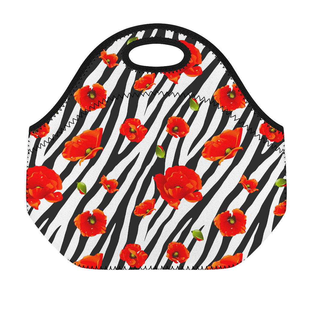 Black White Zebra Flower Pattern Print Neoprene Lunch Bag