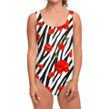Black White Zebra Flower Pattern Print One Piece Swimsuit