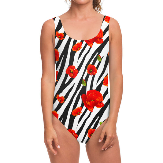 Black White Zebra Flower Pattern Print One Piece Swimsuit