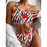 Black White Zebra Flower Pattern Print One Shoulder Bikini Top