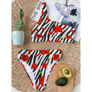 Black White Zebra Flower Pattern Print One Shoulder Bikini Top