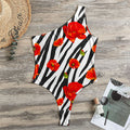 Black White Zebra Flower Pattern Print One Shoulder Bodysuit
