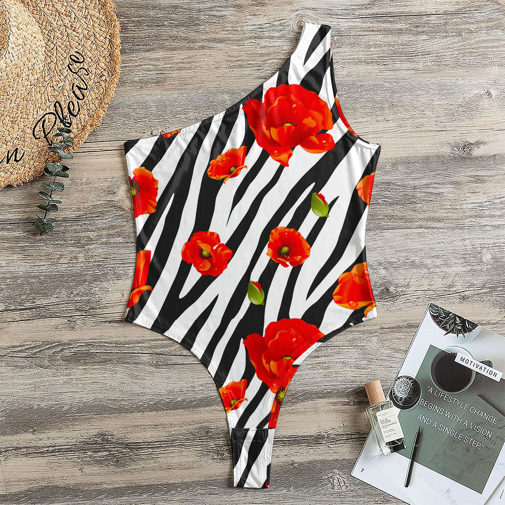 Black White Zebra Flower Pattern Print One Shoulder Bodysuit