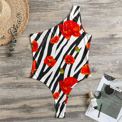 Black White Zebra Flower Pattern Print One Shoulder Bodysuit