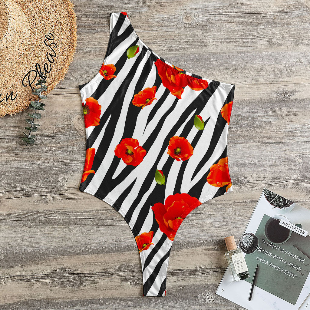 Black White Zebra Flower Pattern Print One Shoulder Bodysuit