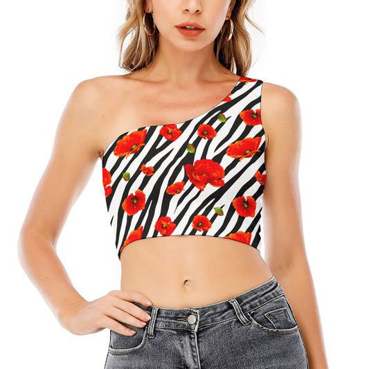 Black White Zebra Flower Pattern Print One Shoulder Crop Top