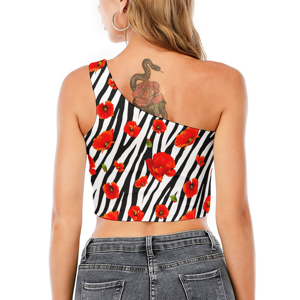 Black White Zebra Flower Pattern Print One Shoulder Crop Top