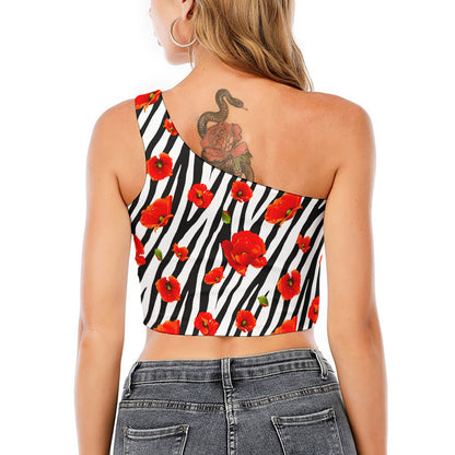 Black White Zebra Flower Pattern Print One Shoulder Crop Top