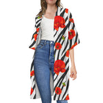 Black White Zebra Flower Pattern Print Open Front Beach Cover Up