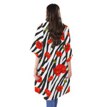 Black White Zebra Flower Pattern Print Open Front Beach Cover Up