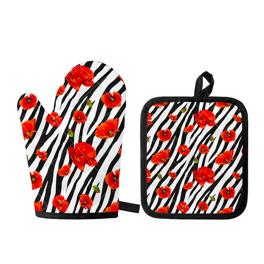 Black White Zebra Flower Pattern Print Oven Mitt And Pot Holder Set