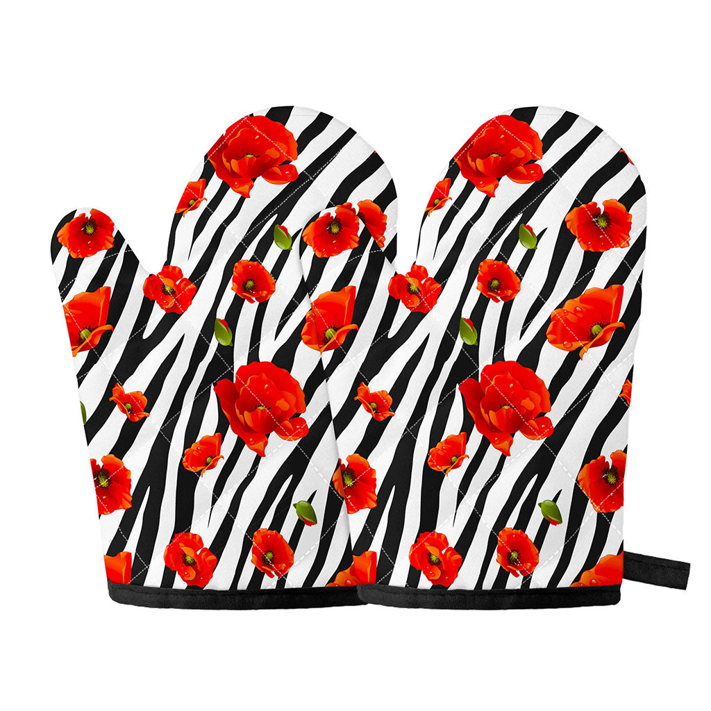 Black White Zebra Flower Pattern Print Oven Mitts
