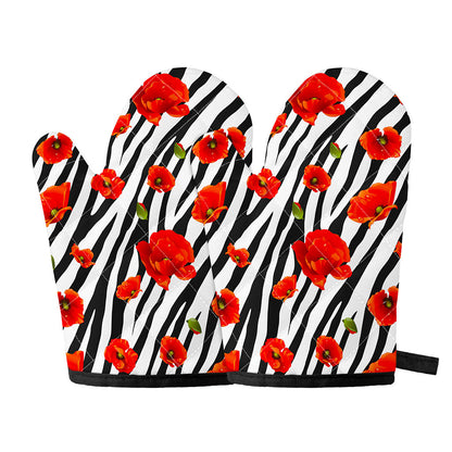 Black White Zebra Flower Pattern Print Oven Mitts