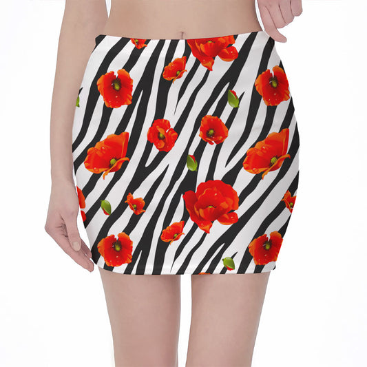 Black White Zebra Flower Pattern Print Pencil Mini Skirt