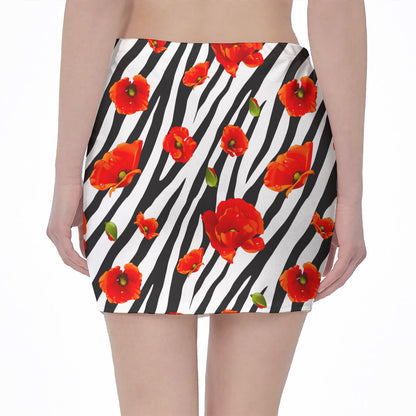 Black White Zebra Flower Pattern Print Pencil Mini Skirt
