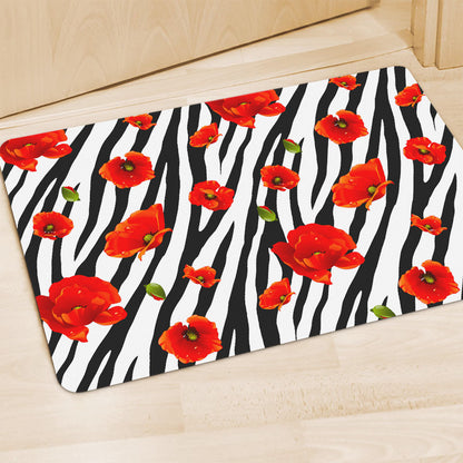 Black White Zebra Flower Pattern Print Polyester Doormat