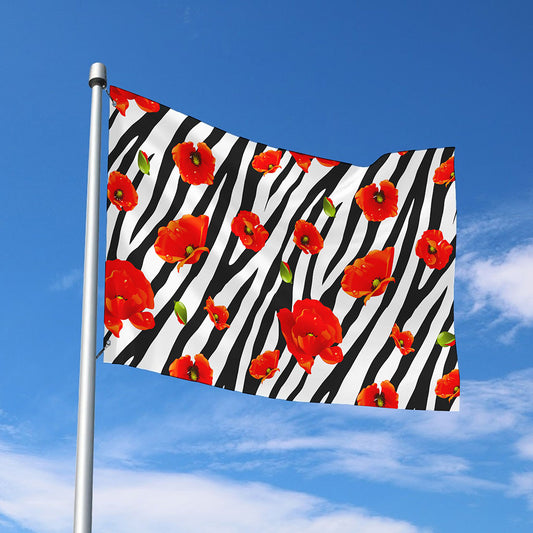 Black White Zebra Flower Pattern Print Polyester Flag