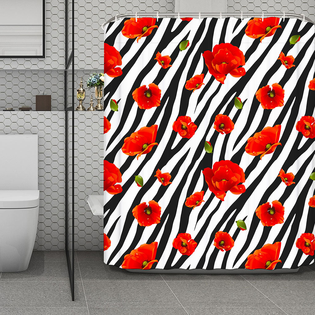 Black White Zebra Flower Pattern Print Polyester Shower Curtain