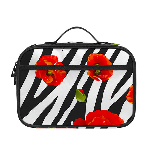 Black White Zebra Flower Pattern Print Portable Lunch Bag